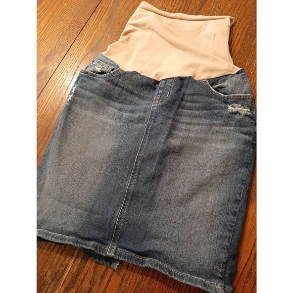 Small Maternity A Pea in the Pod Distressed Blue Denim Blue Jean Mini Skirt - Picture 1 of 7